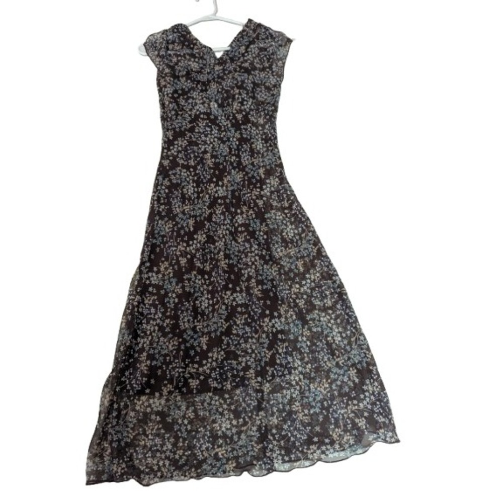 VTG 90s Jonathan Martin Brown‎ Floral Midi Dress w/ Slip Sheer Overlay XS/S USA - Picture 4 of 15
